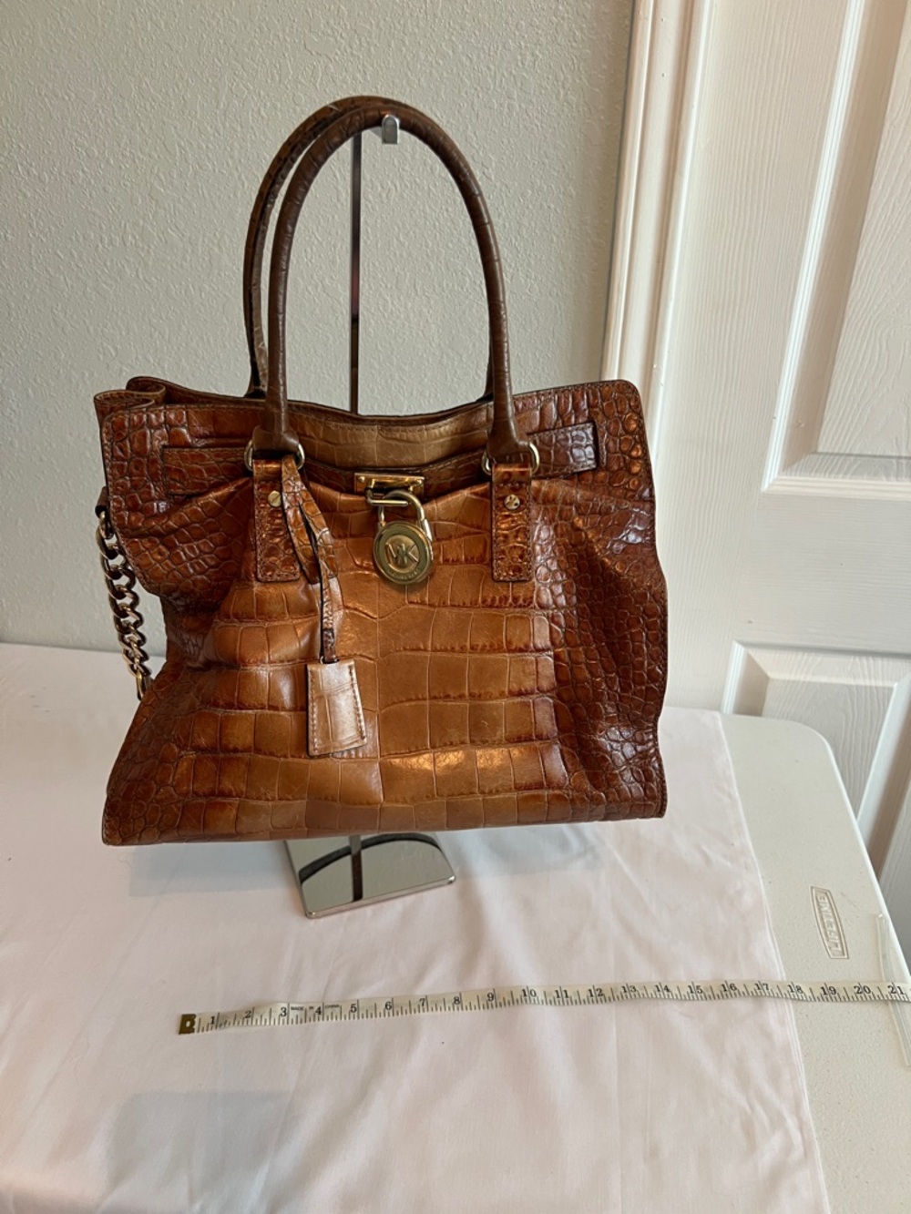 Michael Kors Croc-Embossed Brown Leather Tote with Gold Hardware
